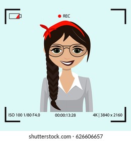 Video recording process with model. Blogger screen communication Vector flat illustration. Personal blog illustration. Digital vlog broadcasting. Home camera device