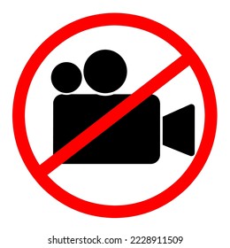 Video recording is prohibited. Camera icon with red circle. Warning sign vector illustration.