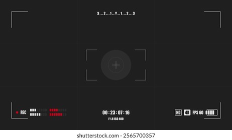 Video recording screen. Camera horizontal viewfinder template on black background. 4K setting resolution video rec frame. Vector illustration.