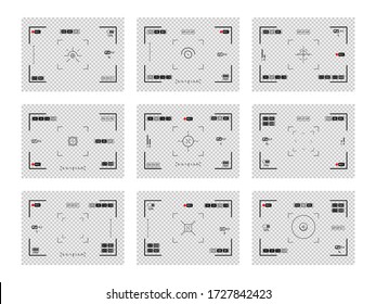 Pantallas de grabación de vídeo con fondo transparente. Conjunto de visores de cámara fotográfica. Pantalla de leva grabadora, visor de grabación, pantalla o conjunto de vectores de previsualización de grabación de películas. Ilustración del vector EPS10.