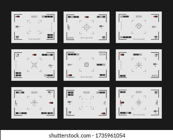 Video recording screens on transparent background. Set of photo camera viewfinders. Recorder cam display, rec viewfinders screen or movie recording preview vector set. Vector illustration EPS10.