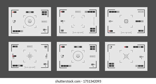 Video recording screens on transparent background. Set of photo camera viewfinders. Recorder cam display, rec viewfinders screen or movie recording preview vector set. Vector illustration EPS10.