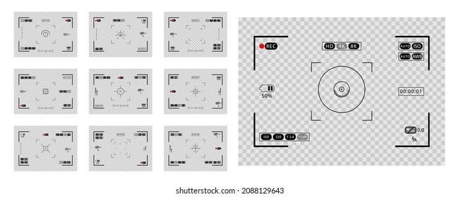 Video recording screens on transparent background. Set of photo camera viewfinders. Recorder cam display, rec viewfinders screen or movie recording preview vector set. Vector illustration EPS10.