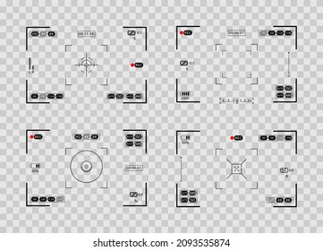 Video recording screens on transparent background. Set of photo camera viewfinders. Recorder cam display, rec viewfinders screen or movie recording preview vector set. Vector illustration EPS10.