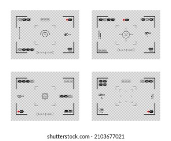 Video recording screens on transparent background. Set of photo camera viewfinders. Recorder cam display, rec viewfinders screen or movie recording preview vector set.