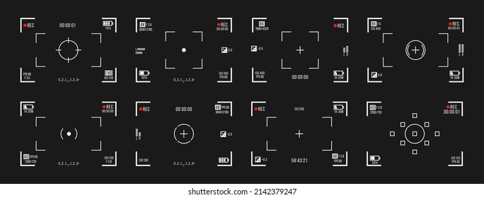 Video recording screens on transparent background. Recorder cam display, rec viewfinders screen for movie recording preview vector set.