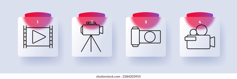 Video and recording set icon. Film strip, tripod camera, handheld camera, video recording