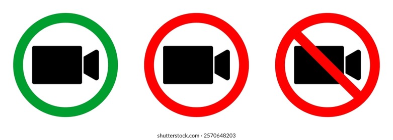 video recording or streaming not allowed red circle sign, green allowed round vector icon, 3 pictogram collection