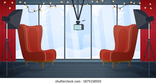 Video recording studio with a large panoramic window and red vintage armchairs. Softbox, camera, red curtains, vlog room. Vector.