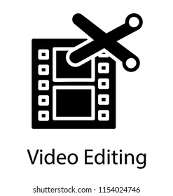 
Video reel with scissors enabling video editing icon 
