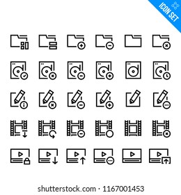 Video Related Icon set. Contains such Icons as Folder, Data Storage, Edit, Video File, Video Player, Revenue. Vector Flat Icon Set in Line Style for Mobile application or Web site