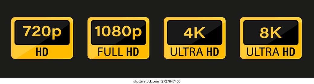 Video Insignias de resolución que muestran los formatos HD Full HD 4K y 8K. Etiquetas de calidad multimedia para contenido digital y streaming