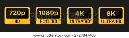 Video resolution badges showing HD Full HD 4K and 8K formats. Media quality labels for digital content and streaming