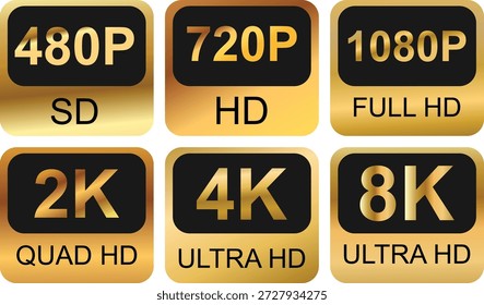 Emblemas de resolução de vídeo mostrando SD HD Full HD 2K 4K e 8K