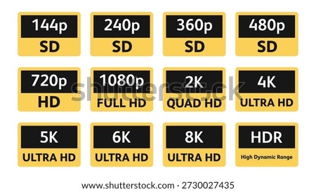 Video resolution badges showing SD, HD, Full HD, 2K, 4K, 5K, 6K, 8K and HDR quality options on yellow labels
