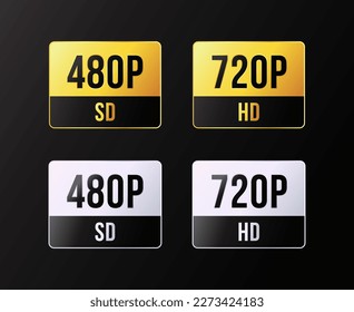 Video resolution definition sticker design, silver gold color set. Rectangle frame label.