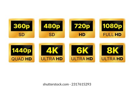 Video resolution display definition icons, Golden 8k 4k 5k ultra hd video resolution icon