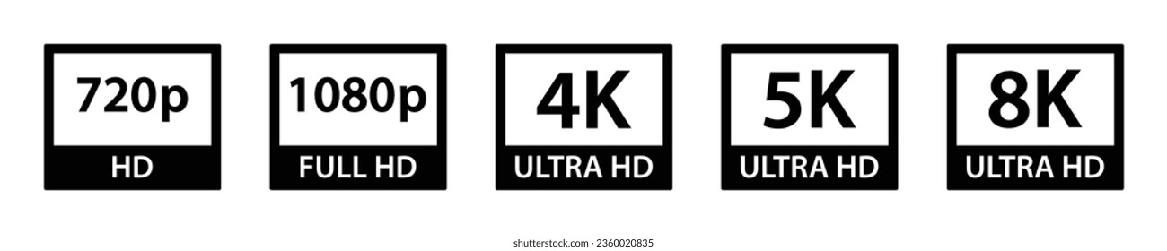 Video Resolution Icon. Screen monitor resolution icon. 720, 1080, 4k, 5k, 8k, Hd, full hd, ultra hd icon, vector illustration