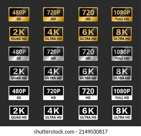 Video resolution icons, labels of 4K, 8K and 2K and Full Ultra HD, vector TV screen quality. Display format and video resolution of high definition 1080p, ultra HD or UHD, 480p SD and 720p or QUAD