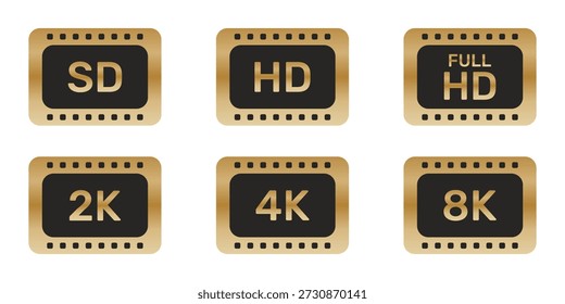 Video Resolution Icons Set. Display Quality And Screen Resolution Gold Symbol Collection. Multimedia And Technology Use. Isolated Vector Illustration.