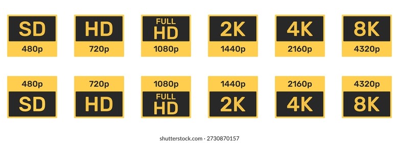 Video Resolution Icons Set. Display Quality And Screen Resolution Symbol Collection. Multimedia And Technology Use. Ultra Hd Icon Collection. Isolated Vector Illustration.