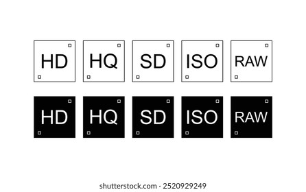 Conjunto de ícones de resolução de vídeo, etiquetas de alta definição, QG, ISO, RAW, SD qualidade de tela de TV vetorial. Formato de exibição e resolução de vídeo de alta definição Ultra HD, UHD, QUAD