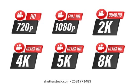 Video resolution icons showing different levels of high definition from 720p to 8k