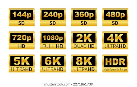 Video resolution labels. 360 720p 1080p 2k 4k 6k 8k HDR.