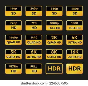 Video resolution labels. Different definition buttons for website. Vector elements.