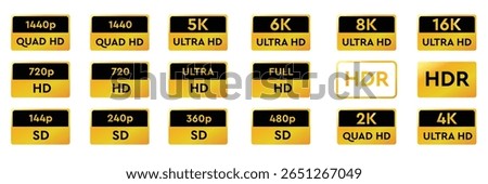 Video resolution labels. Different definition buttons for website. Vector elements. 