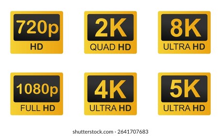 Video resolutions full ultra quad HD, video quality badge icon. Video resolution set.