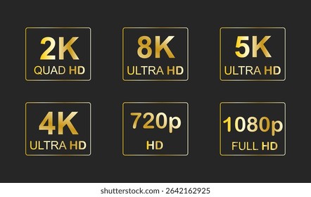 Video resolutions full ultra quad HD, video quality badge icon. Video resolution set.