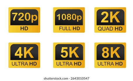 Video resolutions full ultra quad HD, video quality badge icon. Video resolution set.