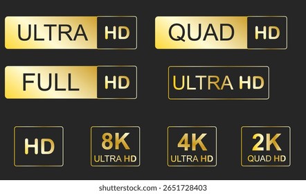 Videoresoluties full ultra quad HD, video kwaliteit badge icoon. Videoresolutie ingesteld.