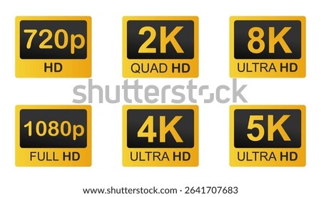 Video resolutions full ultra quad HD, video quality badge icon. Video resolution set.