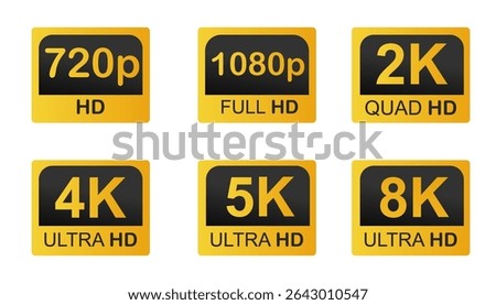 Video resolutions full ultra quad HD, video quality badge icon. Video resolution set.