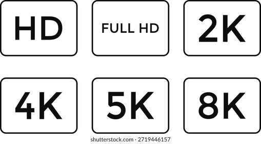 Ícone de resoluções de vídeo.  Símbolos de qualidade de tela. Design gráfico HD 4K 8K. Exibir dimensão e sinais de reprodução. Símbolos de alta definição
