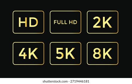 Ícone de resoluções de vídeo.  Símbolos de qualidade de tela. Design gráfico HD 4K 8K. Exibir dimensão e sinais de reprodução. Símbolos de alta definição
