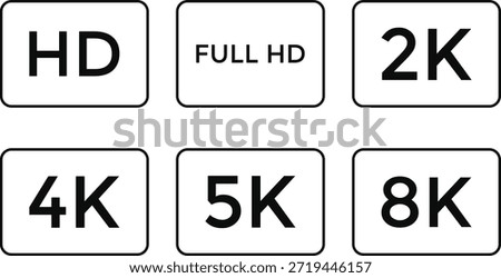 Video resolutions icon.  Screen quality symbols. HD 4K 8K graphic design. Display dimension and playback signs. High definition symbols
