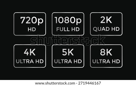 Video resolutions icon.  Screen quality symbols. HD 4K 8K graphic design. Display dimension and playback signs. High definition symbols

