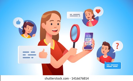 Video review concept. Blogger person doing modern smart phone review looking at it with magnifying glass. Tech reviewer woman doing job. Flat vector character illustration