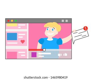 Video review concept. Blogger person doing modern review . Tech reviewer man and vlogger video channel. Flat vector character illustration.Interface web. Vector illustration in cartoon style