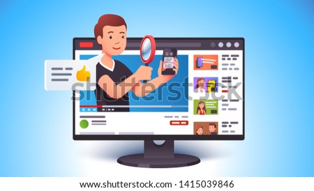 Video review concept. Blogger person doing modern smart phone review looking at it with magnifying glass. Tech reviewer and vlogger man video channel. Flat vector character illustration