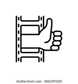 Video review thin line icon: thumbs up from film. Modern vector illustration of online marketing.