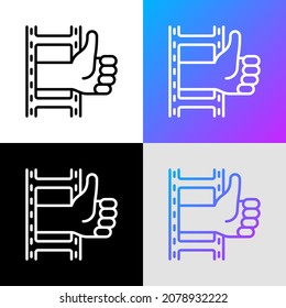 Video review thin line icon: thumbs up from film. Modern vector illustration of online marketing.