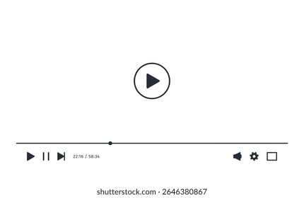 Video Screen icon white mode. Screenshot of Video Media Player. App interface to playback film live streaming. Control minimalist Button. Simple elegant display