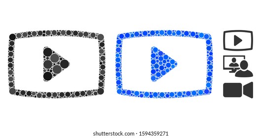 Video screen mosaic of circle elements in variable sizes and color hues, based on video screen icon. Vector circle elements are united into blue illustration.
