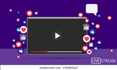 Video screen play button, Streaming preview template, 3d with likes and hearts, happy live, social media concept with media icons, chat box and , creative design, cute multimedia  vector