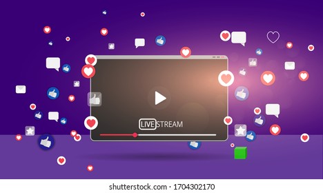 Video screen play button, Streaming preview template, 3d with likes and hearts, happy live, social media concept with media icons, chat box and , creative design, cute multimedia  vector