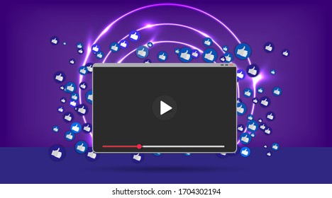 Video screen play button, Streaming preview template, 3d with likes and hearts, happy live, social media concept with media icons, chat box and , creative design, cute multimedia  vector